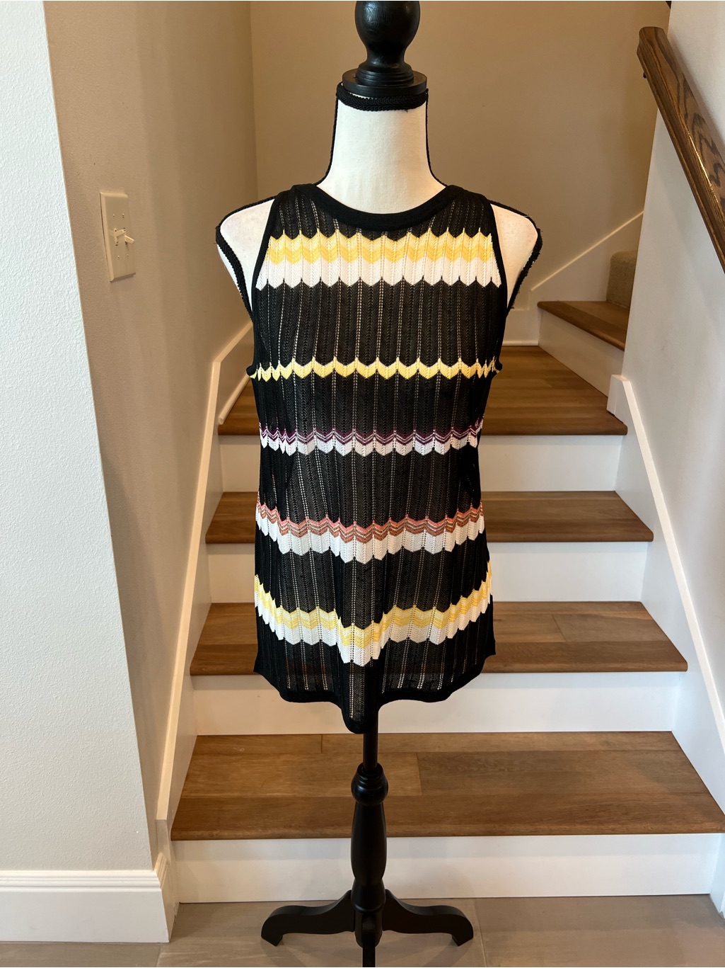 Missoni For C&A Black Open-Knit Tank With Yellow, Pink And Cream Chevron Bands